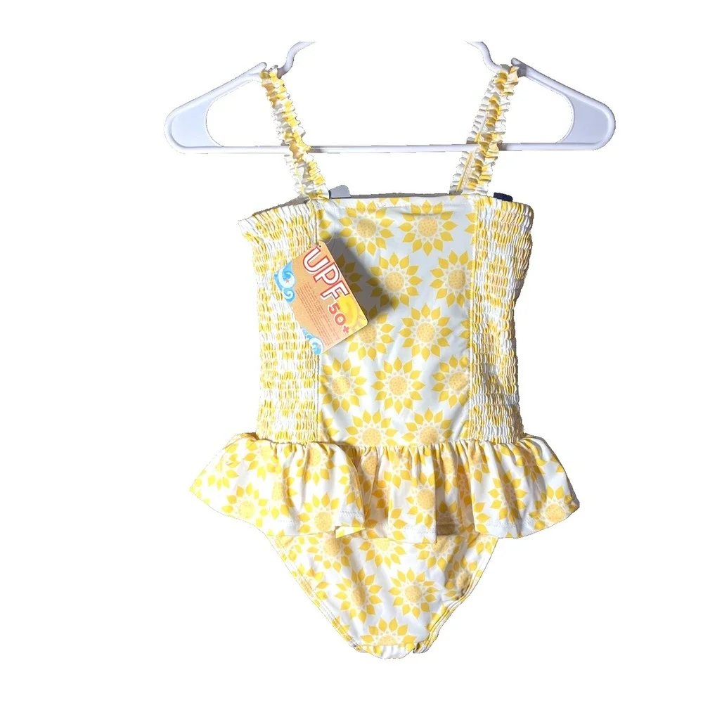 Disney‎ Store Frozen Princess Anna Elsa Swim Suit Yellow Floral 9/10 New